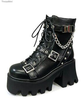 Platform Combat Boots Women Goth Chain Chunky Heel Ankle Boot